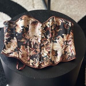 Black and Brown Bustier Blouse with Vintage Floral Design